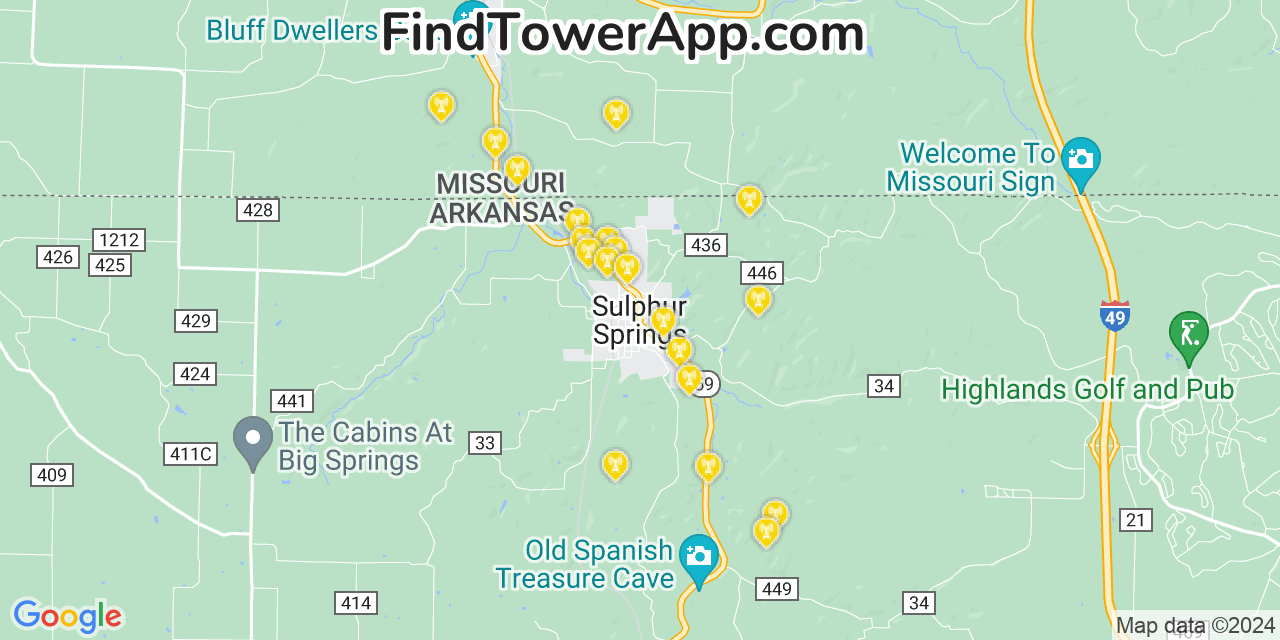 AT&T 4G/5G cell tower coverage map Sulphur Springs, Arkansas