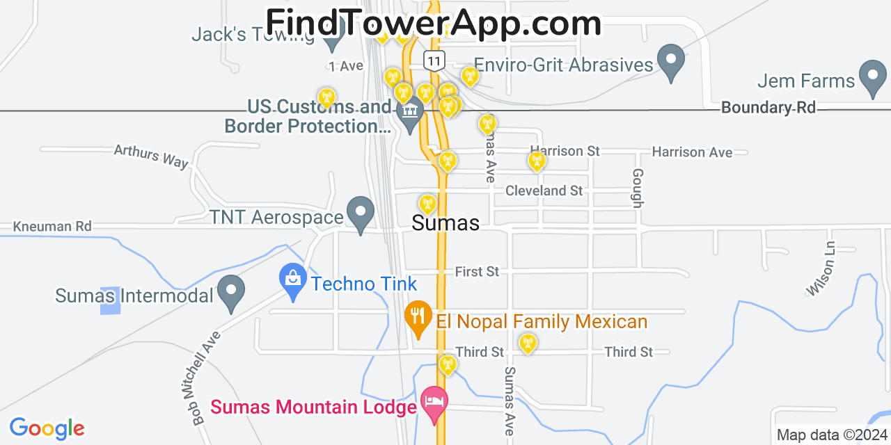 Verizon 4G/5G cell tower coverage map Sumas, Washington