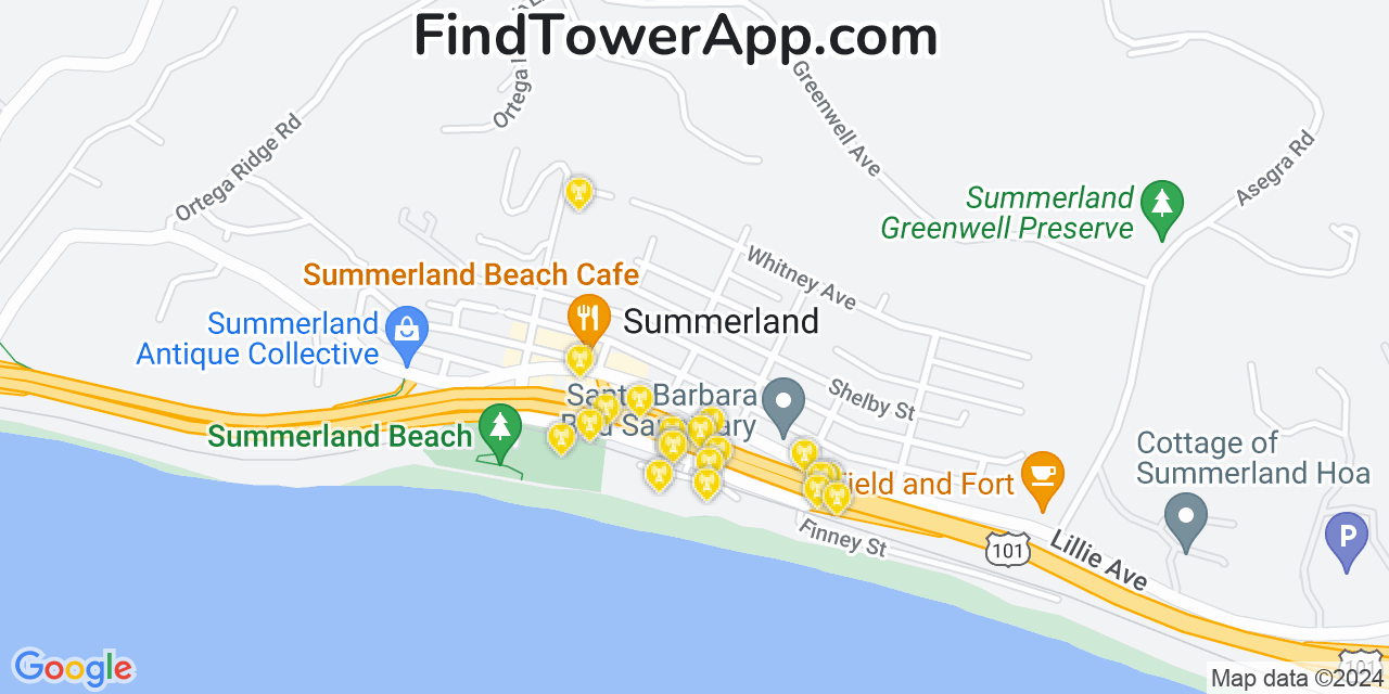 AT&T 4G/5G cell tower coverage map Summerland, California
