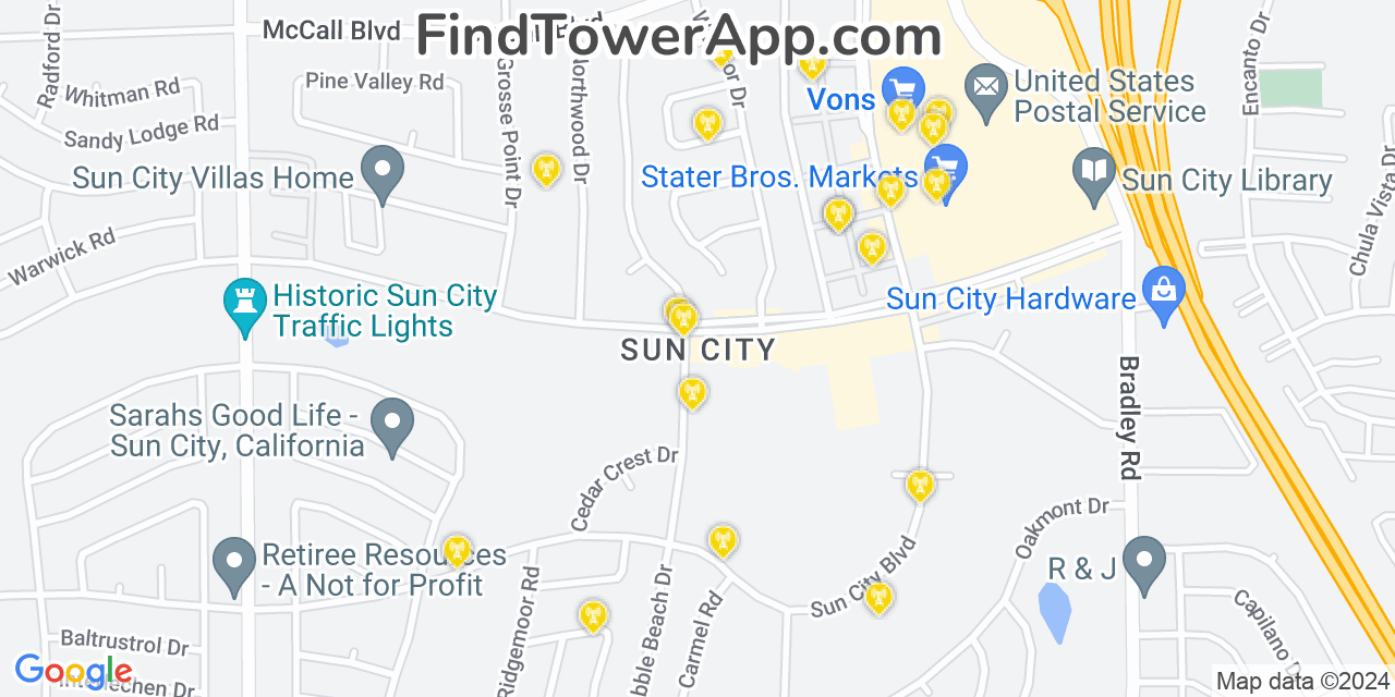 AT&T 4G/5G cell tower coverage map Sun City, California