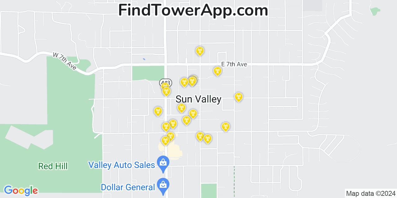 AT&T 4G/5G cell tower coverage map Sun Valley, Nevada