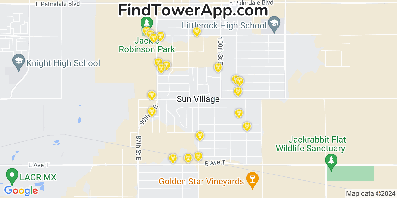 AT&T 4G/5G cell tower coverage map Sun Village, California