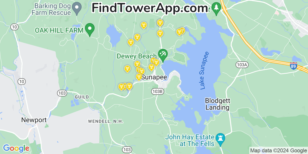 AT&T 4G/5G cell tower coverage map Sunapee, New Hampshire