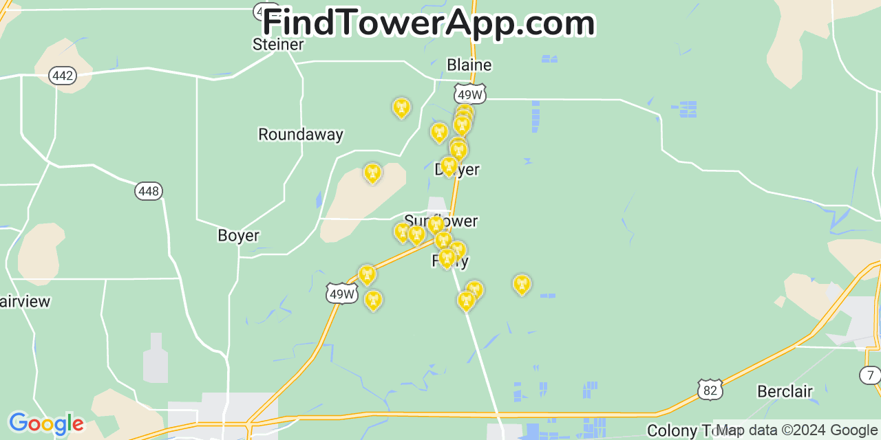 AT&T 4G/5G cell tower coverage map Sunflower, Mississippi