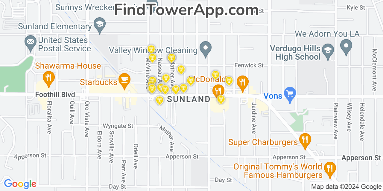 Verizon 4G/5G cell tower coverage map Sunland, California
