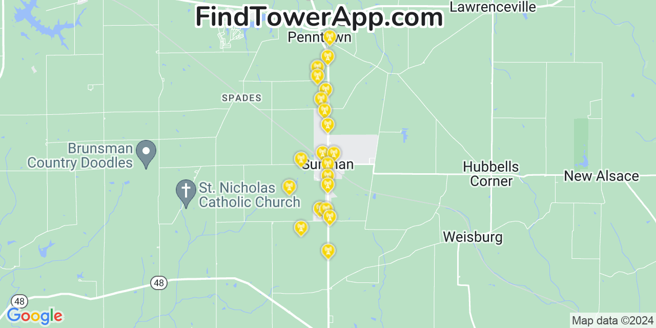 AT&T 4G/5G cell tower coverage map Sunman, Indiana