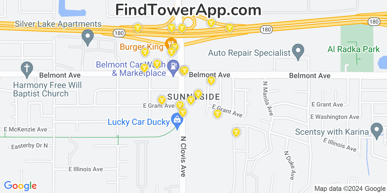 AT&T 4G/5G cell tower coverage map Sunnyside, California