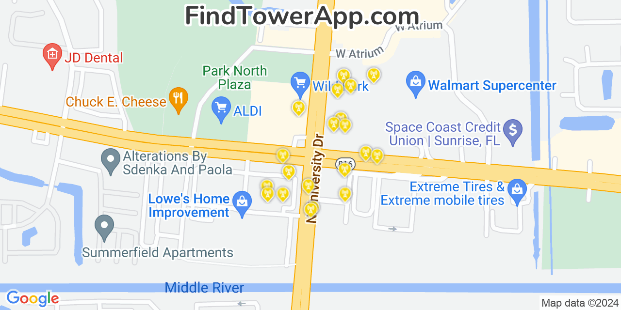 AT&T 4G/5G cell tower coverage map Sunrise, Florida