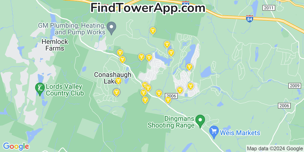 AT&T 4G/5G cell tower coverage map Sunrise Lake, Pennsylvania