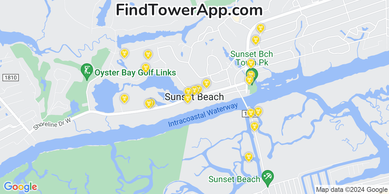 AT&T 4G/5G cell tower coverage map Sunset Beach, North Carolina