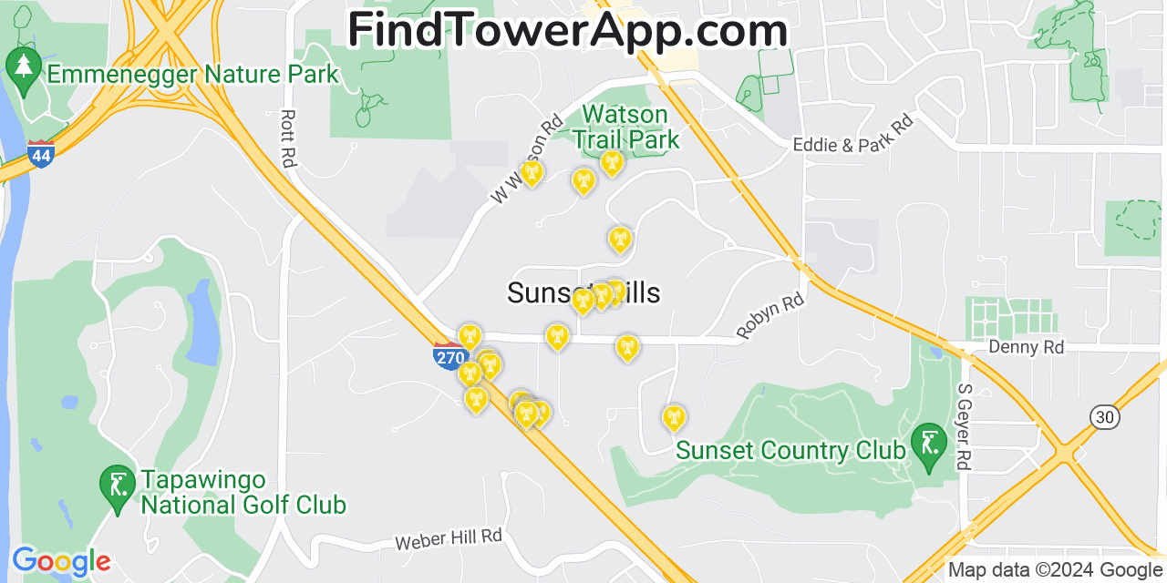 AT&T 4G/5G cell tower coverage map Sunset Hills, Missouri