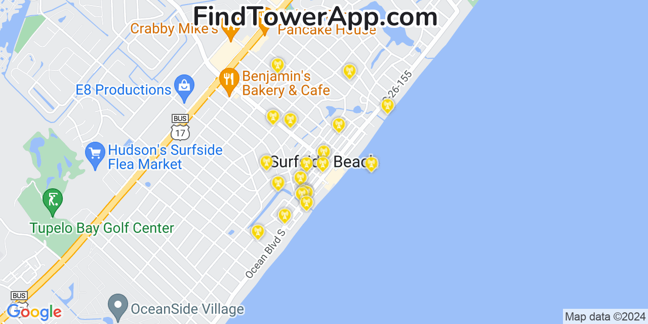 Verizon 4G/5G cell tower coverage map Surfside Beach, South Carolina