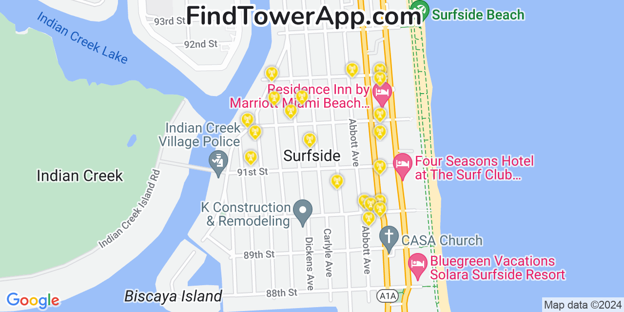 AT&T 4G/5G cell tower coverage map Surfside, Florida