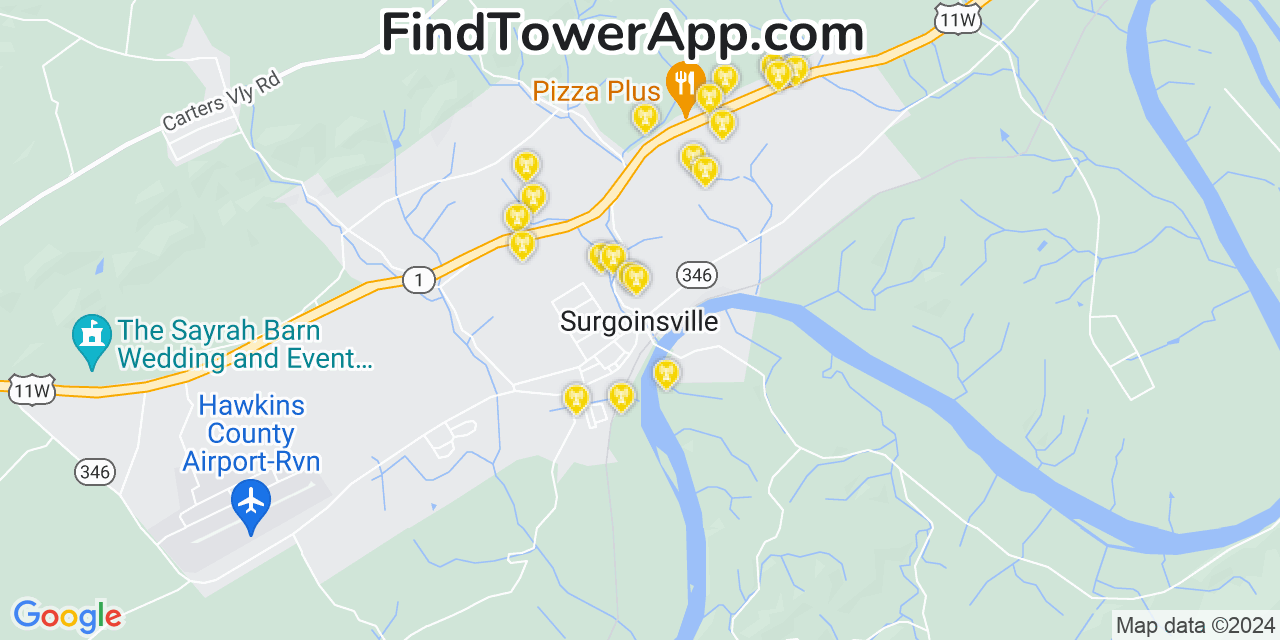 AT&T 4G/5G cell tower coverage map Surgoinsville, Tennessee
