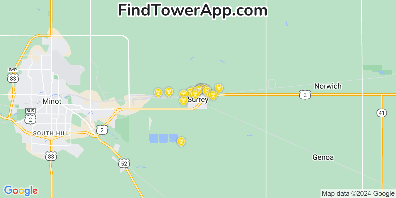 Verizon 4G/5G cell tower coverage map Surrey, North Dakota