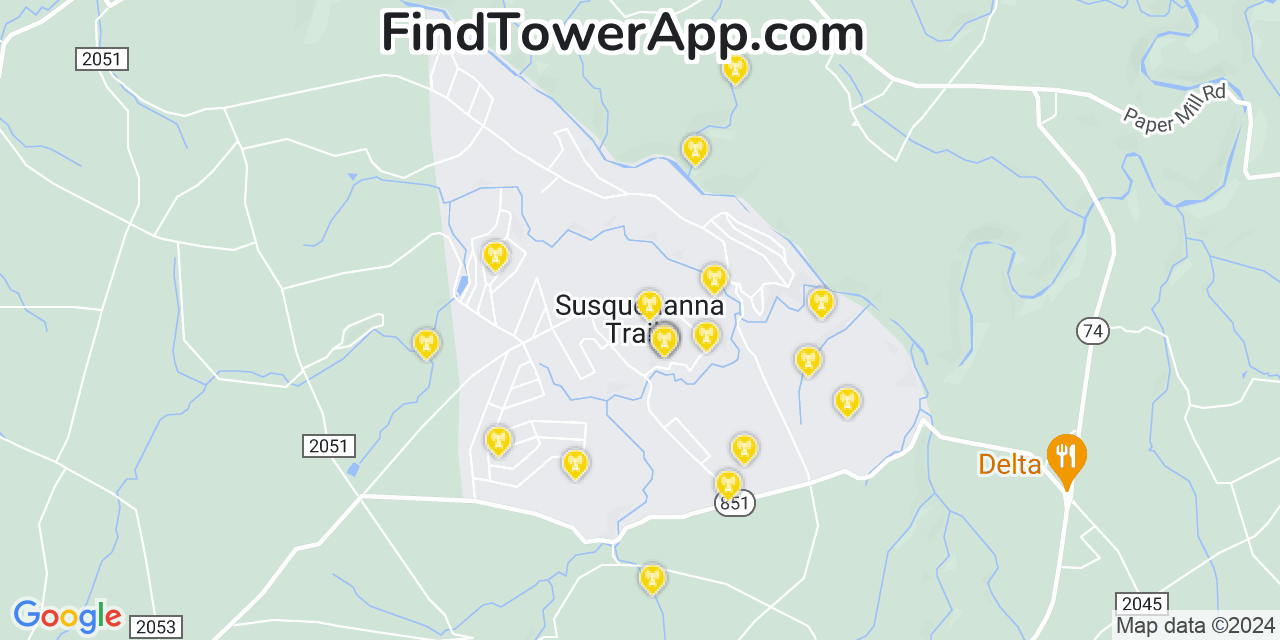 AT&T 4G/5G cell tower coverage map Susquehanna Trails, Pennsylvania