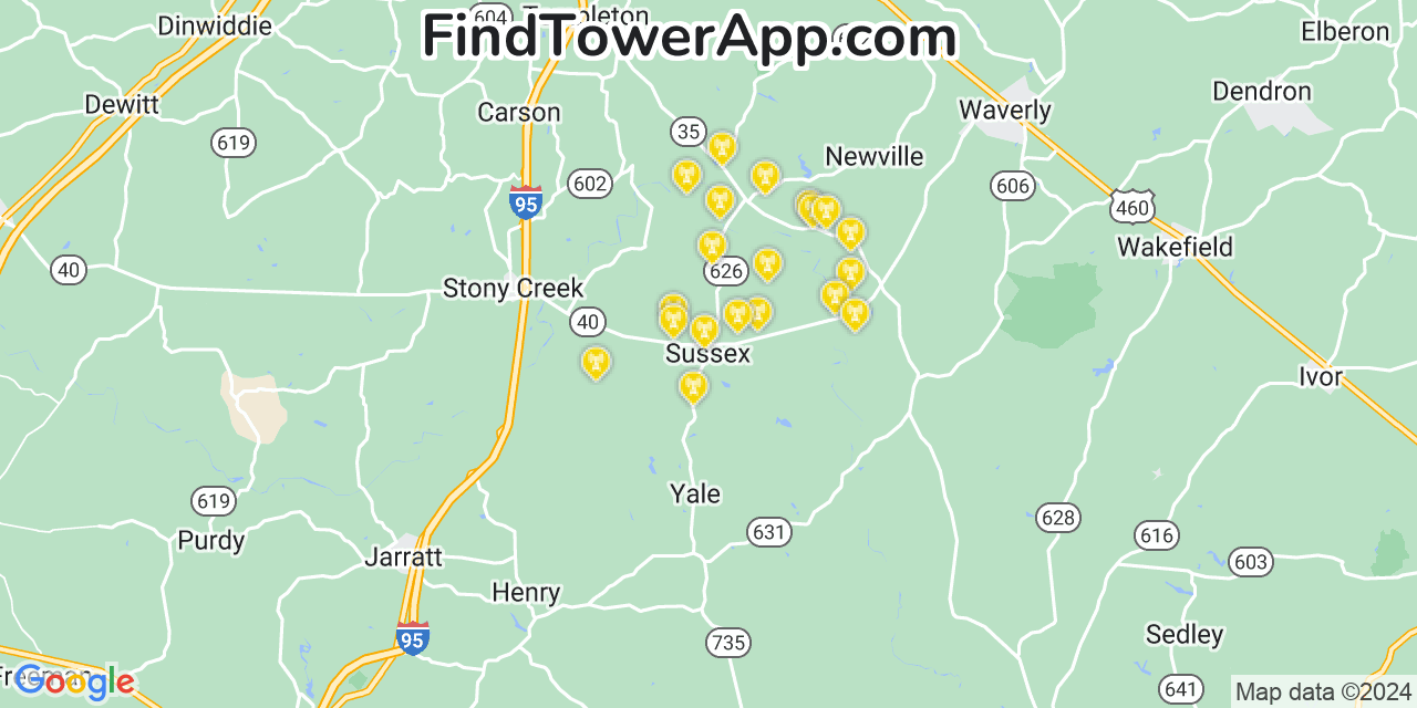 AT&T 4G/5G cell tower coverage map Sussex, Virginia