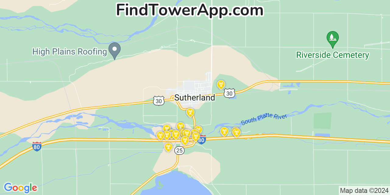 AT&T 4G/5G cell tower coverage map Sutherland, Nebraska