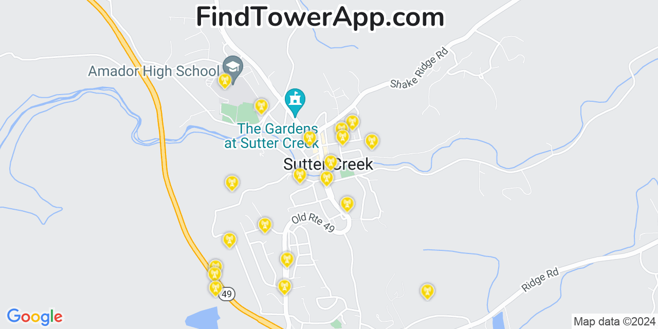 AT&T 4G/5G cell tower coverage map Sutter Creek, California