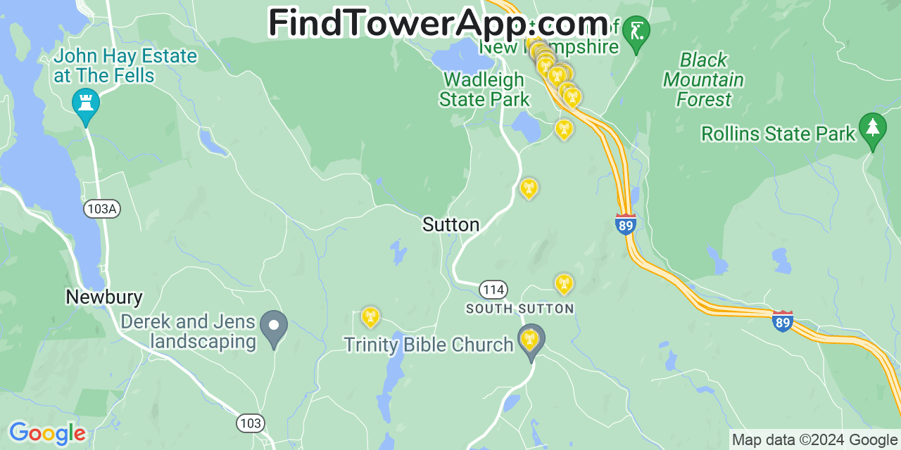 AT&T 4G/5G cell tower coverage map Sutton, New Hampshire