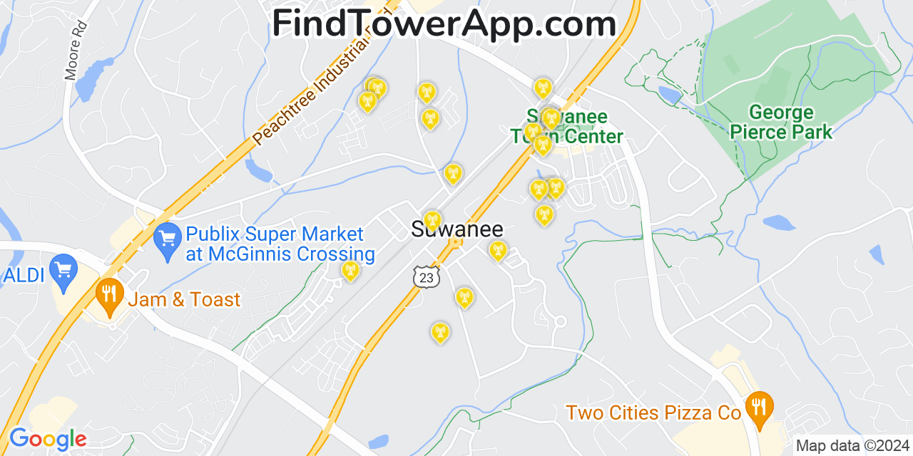 AT&T 4G/5G cell tower coverage map Suwanee, Georgia