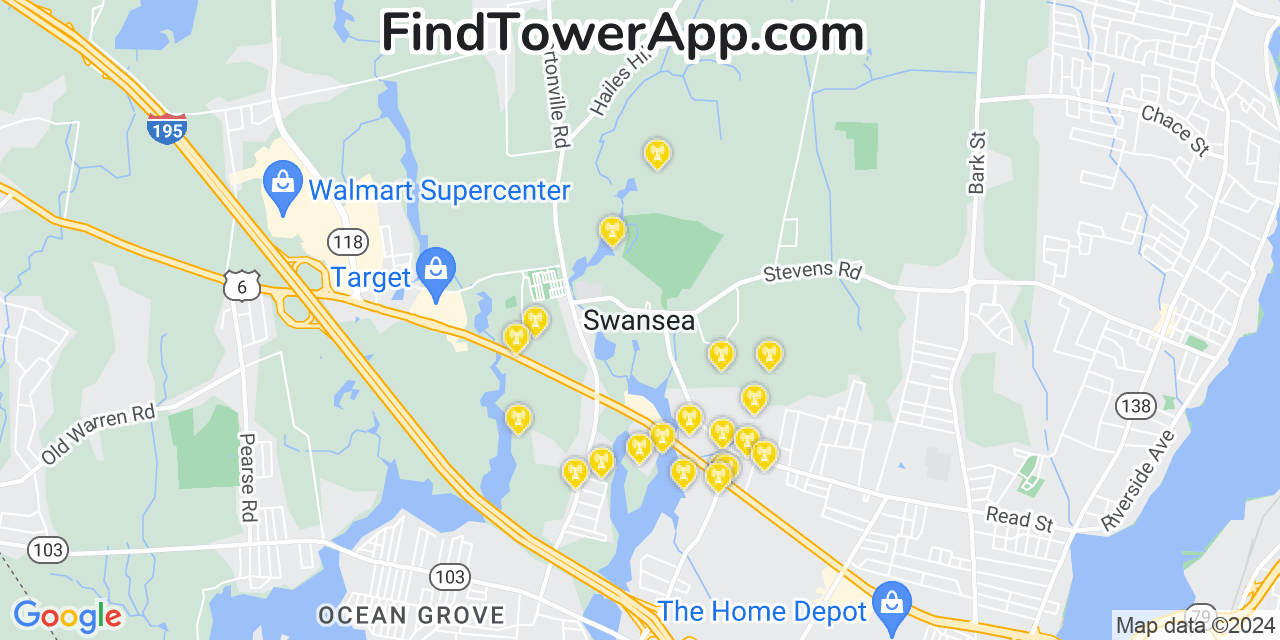 AT&T 4G/5G cell tower coverage map Swansea, Massachusetts