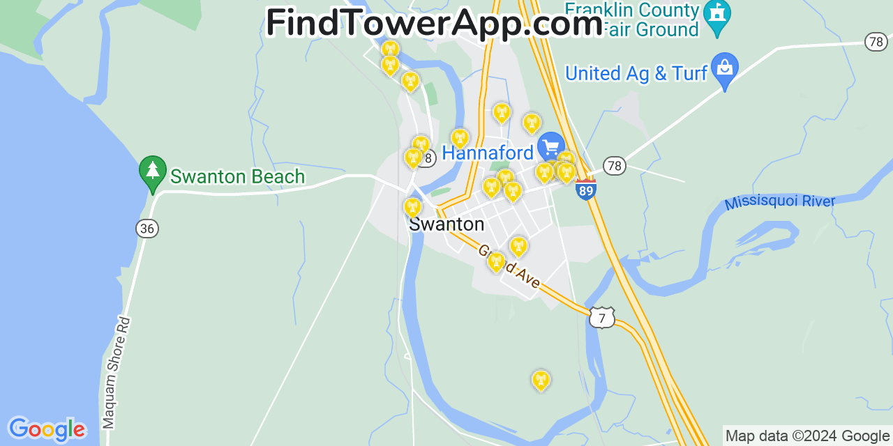 AT&T 4G/5G cell tower coverage map Swanton, Vermont