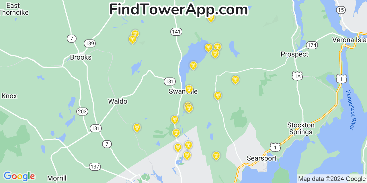 AT&T 4G/5G cell tower coverage map Swanville, Maine