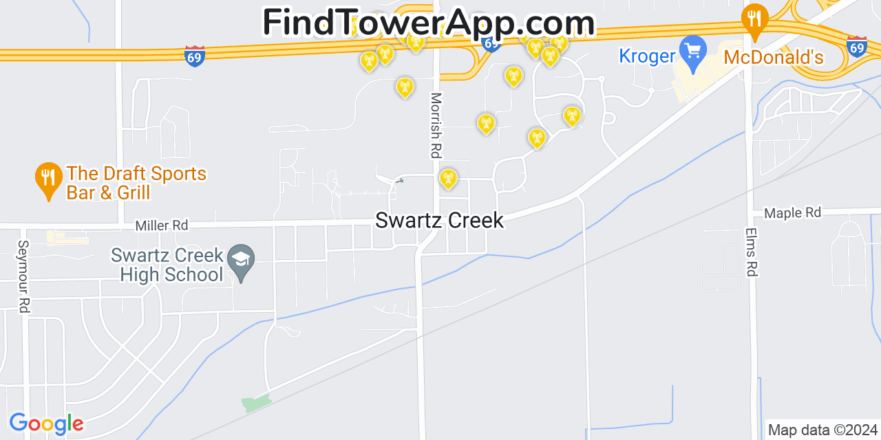 AT&T 4G/5G cell tower coverage map Swartz Creek, Michigan
