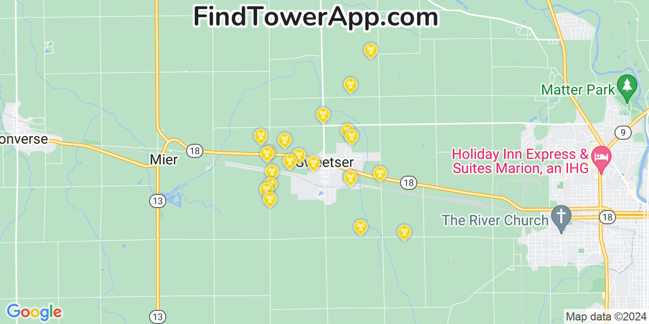 Verizon 4G/5G cell tower coverage map Sweetser, Indiana
