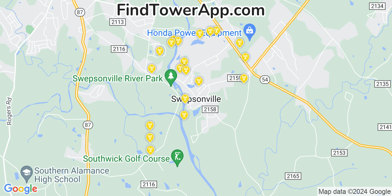 AT&T 4G/5G cell tower coverage map Swepsonville, North Carolina