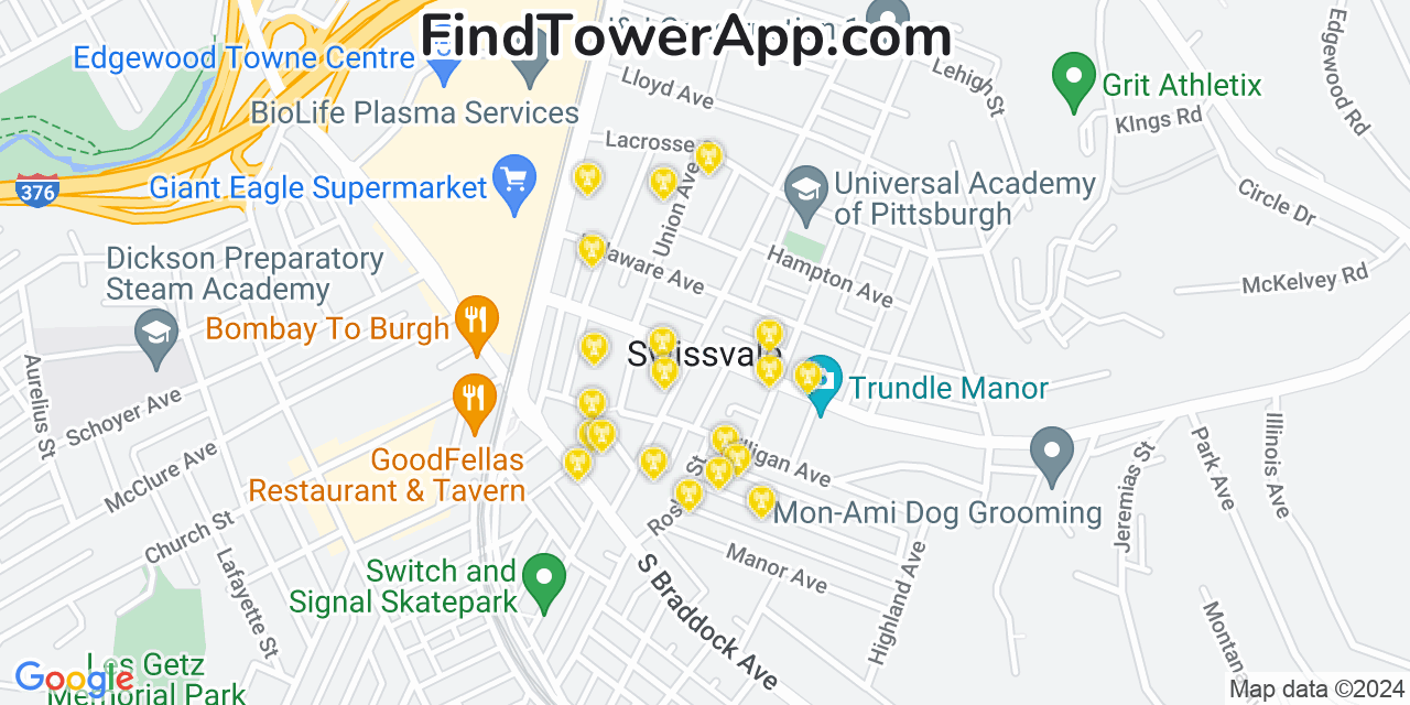 AT&T 4G/5G cell tower coverage map Swissvale, Pennsylvania