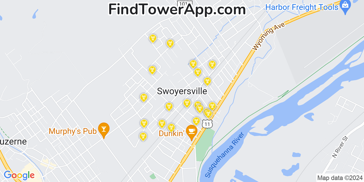 AT&T 4G/5G cell tower coverage map Swoyersville, Pennsylvania