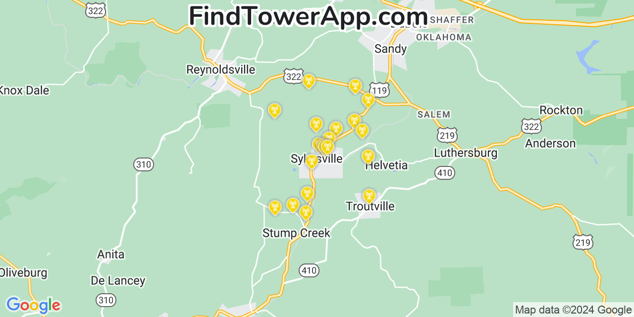 AT&T 4G/5G cell tower coverage map Sykesville, Pennsylvania