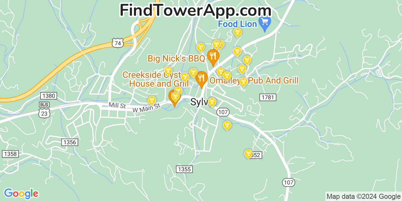 AT&T 4G/5G cell tower coverage map Sylva, North Carolina