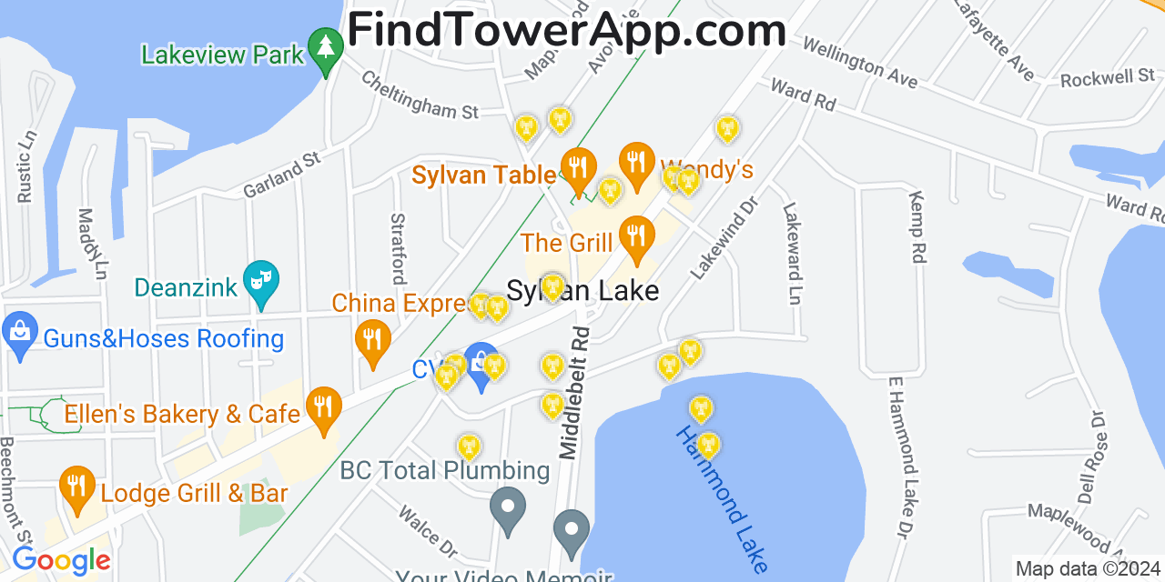 AT&T 4G/5G cell tower coverage map Sylvan Lake, Michigan