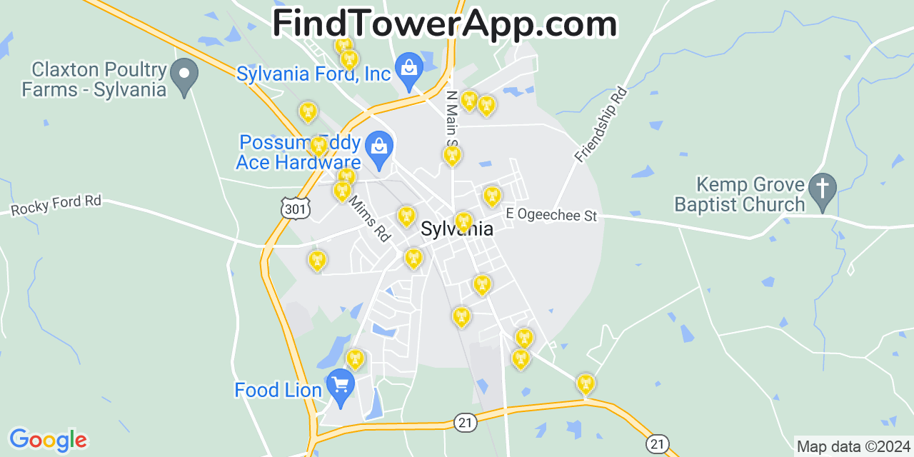 AT&T 4G/5G cell tower coverage map Sylvania, Georgia