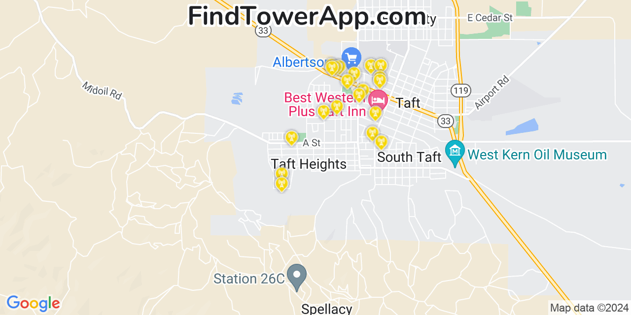 AT&T 4G/5G cell tower coverage map Taft Heights, California