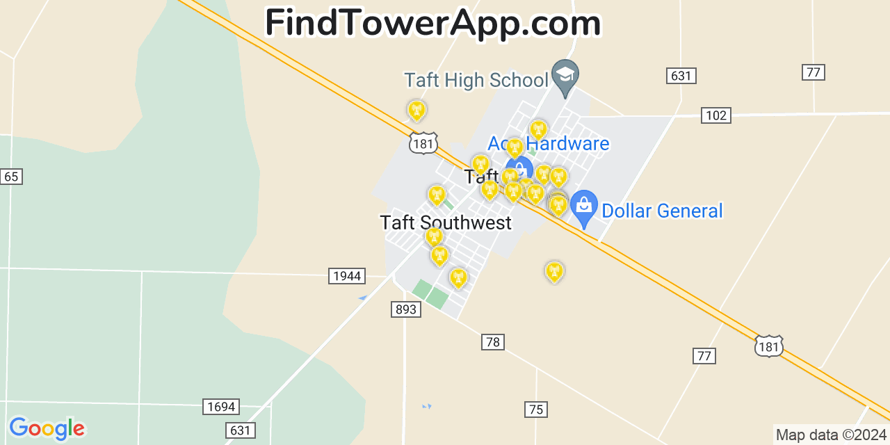 AT&T 4G/5G cell tower coverage map Taft Southwest (historical), Texas