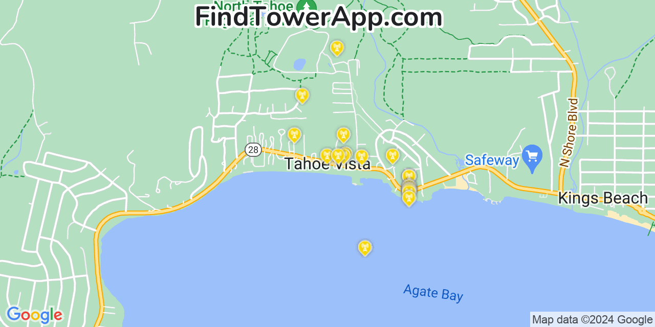 AT&T 4G/5G cell tower coverage map Tahoe Vista, California