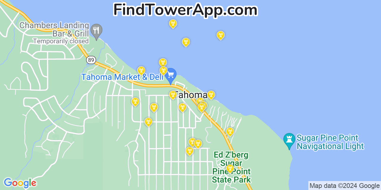 Verizon 4G/5G cell tower coverage map Tahoma, California