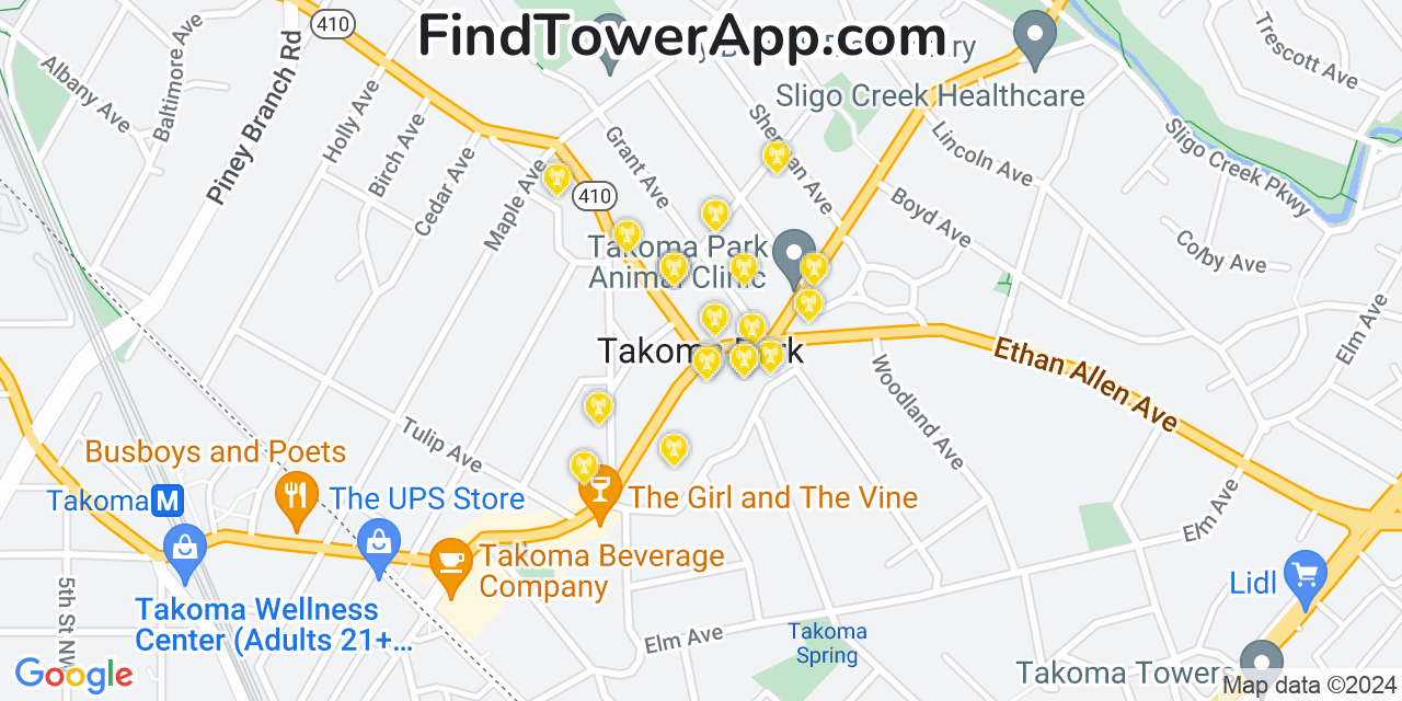 AT&T 4G/5G cell tower coverage map Takoma Park, Maryland