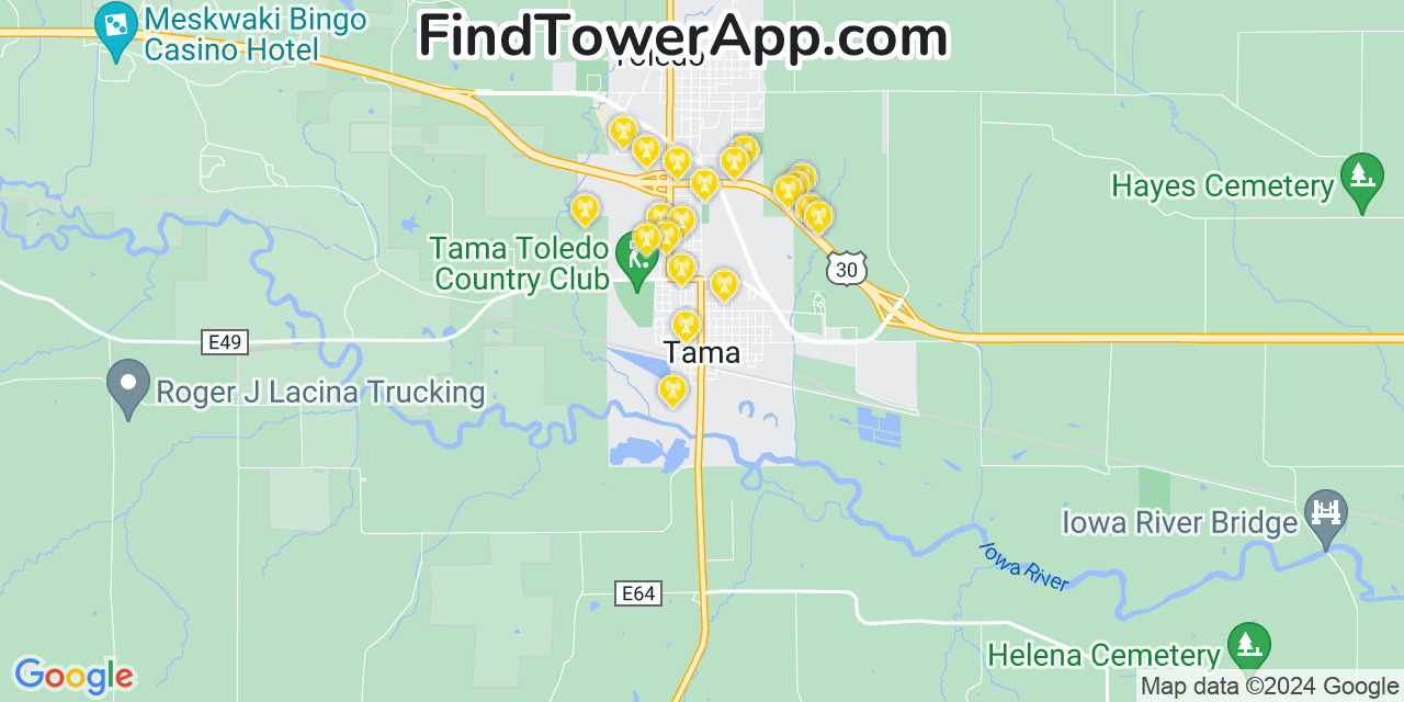 AT&T 4G/5G cell tower coverage map Tama, Iowa