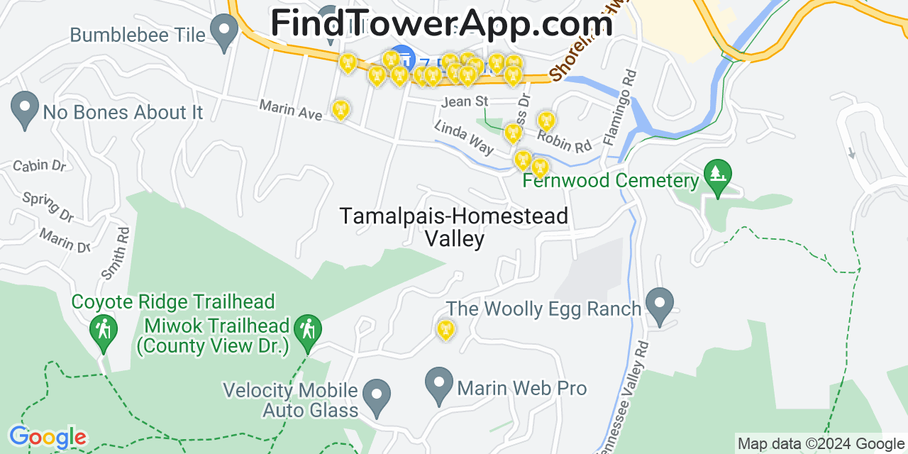 AT&T 4G/5G cell tower coverage map Tamalpais Homestead Valley, California
