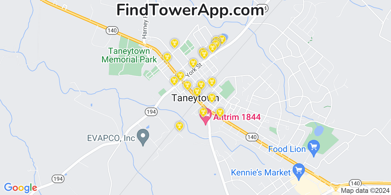 AT&T 4G/5G cell tower coverage map Taneytown, Maryland