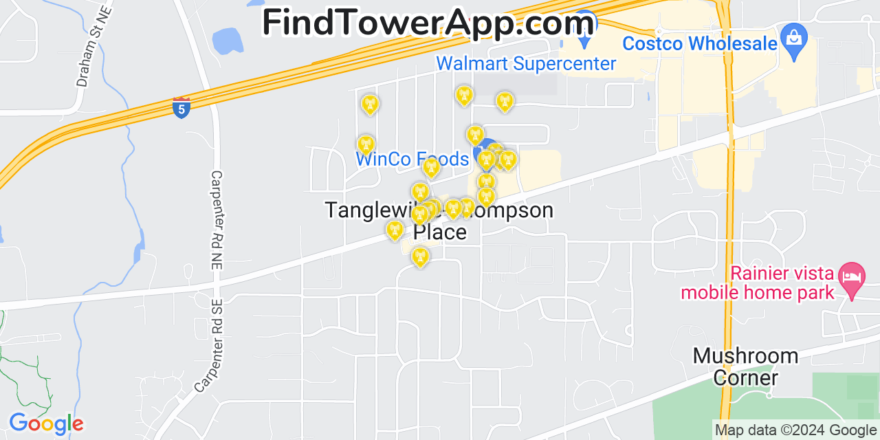 Verizon 4G/5G cell tower coverage map Tanglewilde, Washington