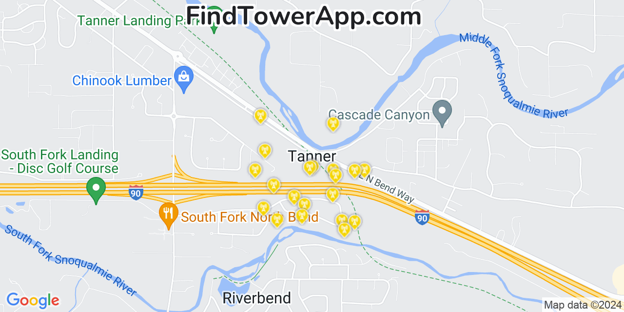 Verizon 4G/5G cell tower coverage map Tanner, Washington