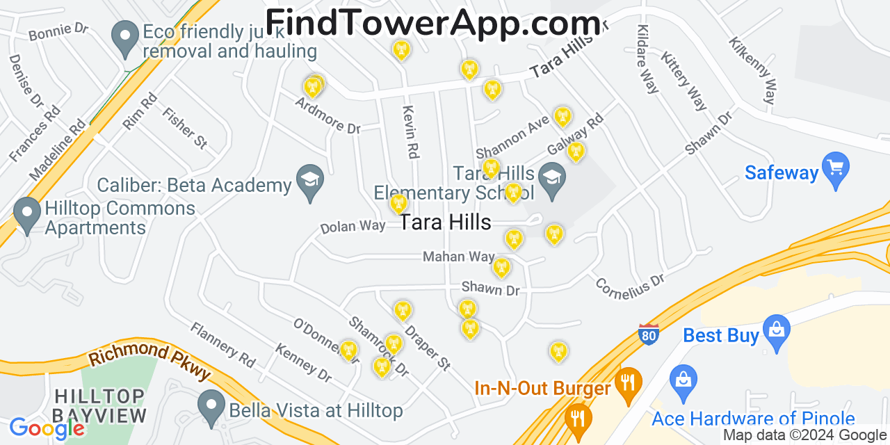 AT&T 4G/5G cell tower coverage map Tara Hills, California