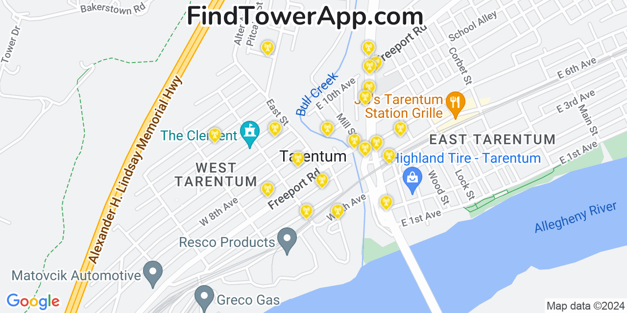 AT&T 4G/5G cell tower coverage map Tarentum, Pennsylvania
