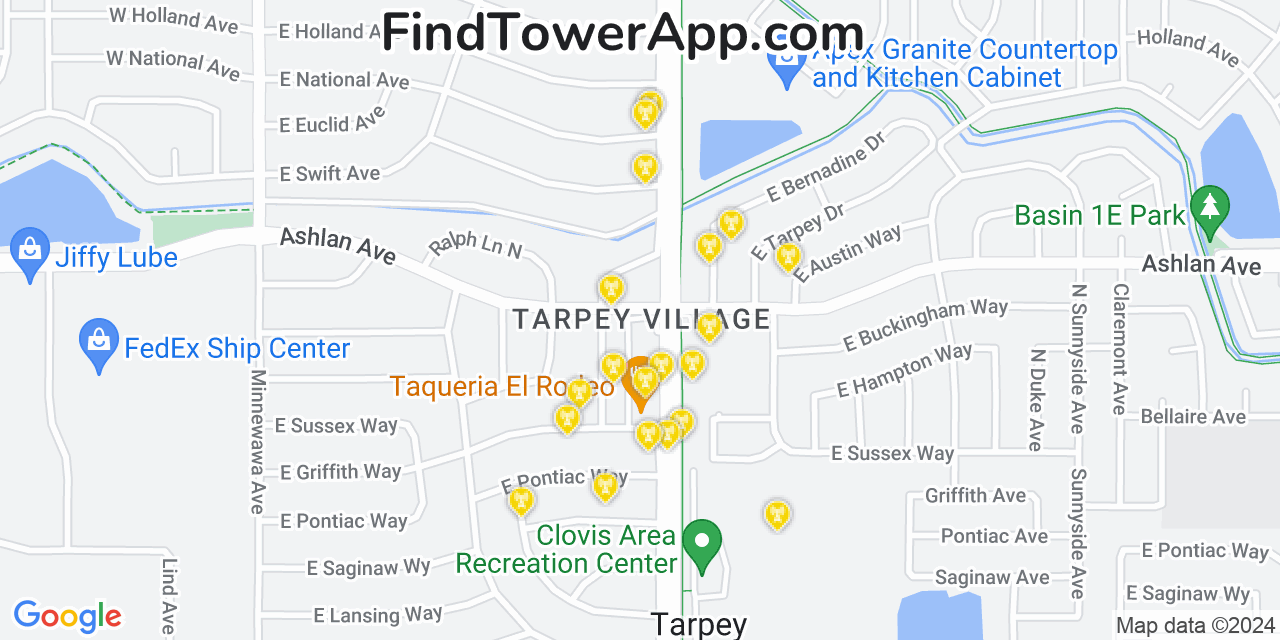 Verizon 4G/5G cell tower coverage map Tarpey Village, California